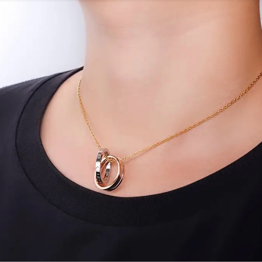New Titanium over Stainless Steel Pendant, Silver and Gold Interlocking Necklace - Picture 2 of 10